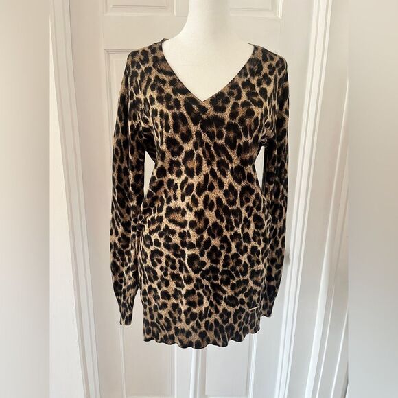 Michael Kors Leopard V-Neck Tunic Sweater M Brown Lightweight Layering Animal - Picture 1 of 10